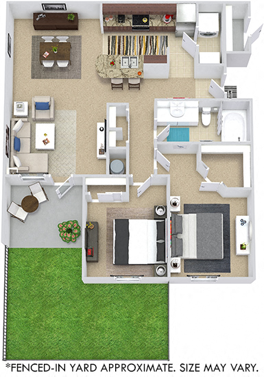Floor plan for 2 beds, 1 bath, 983 sqft